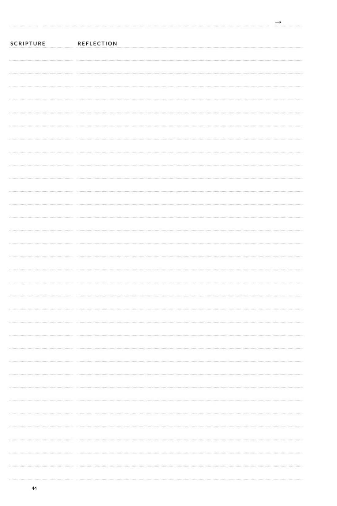 A writing page from Scripture & Reflection: a scripture column beside a reflection column